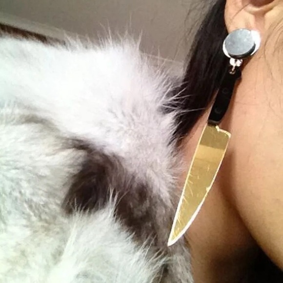 Spooky Gold Black Knife Earrings Creepy Goth Halloween Cosplay Statement Jewelry - Picture 7 of 10